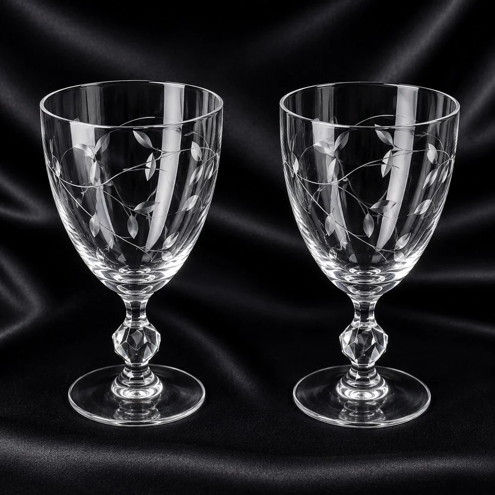 Tiffin Franciscan Petite Water Goblets Set of 2 Etched Leaf Crystal 6.25 Inch